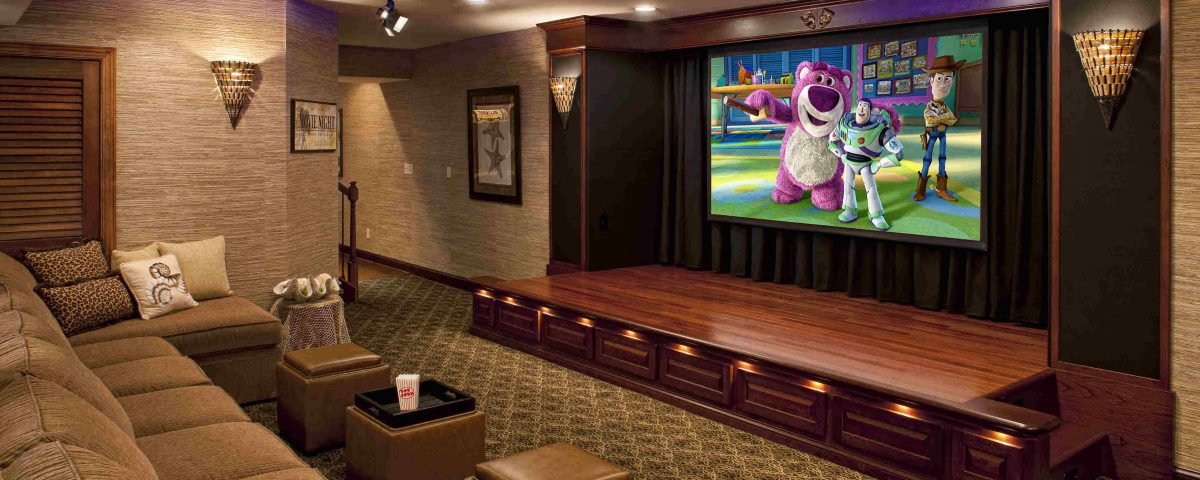 A home audio video theater with a stage
