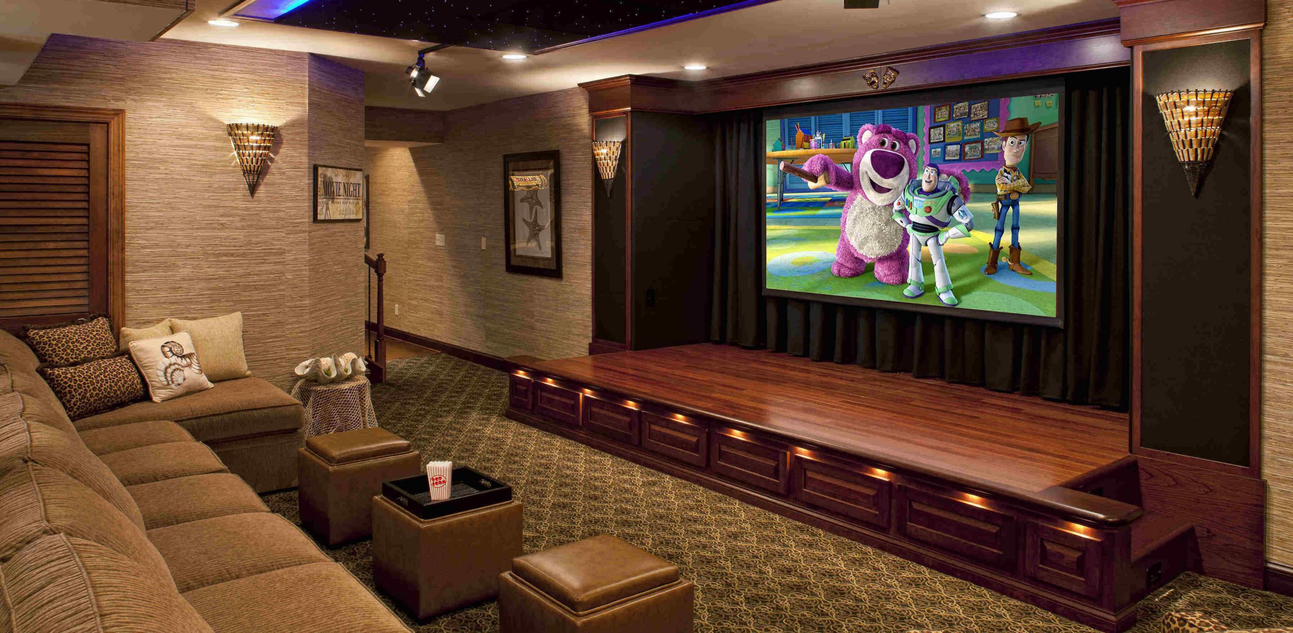 A home audio video theater with a stage